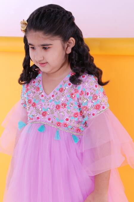 Shop_Ranikidswear_Purple Net, Cotton Satin Tassels, Embroidery Kurta Set_Online_at_Aza_Fashions