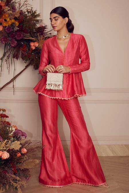 Buy_Ridhi Mehra_Pink Chanderi Gota Patti V Neck Leelah Peplum Top And Pant Set _Online_at_Aza_Fashions