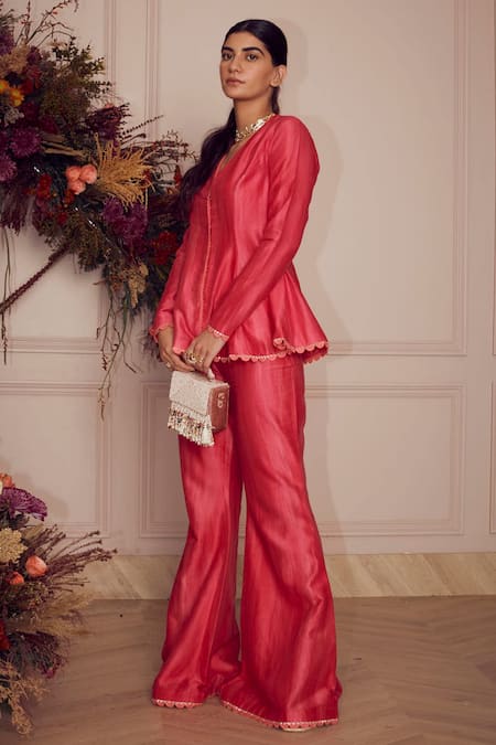 Shop_Ridhi Mehra_Pink Chanderi Gota Patti V Neck Leelah Peplum Top And Pant Set _Online_at_Aza_Fashions