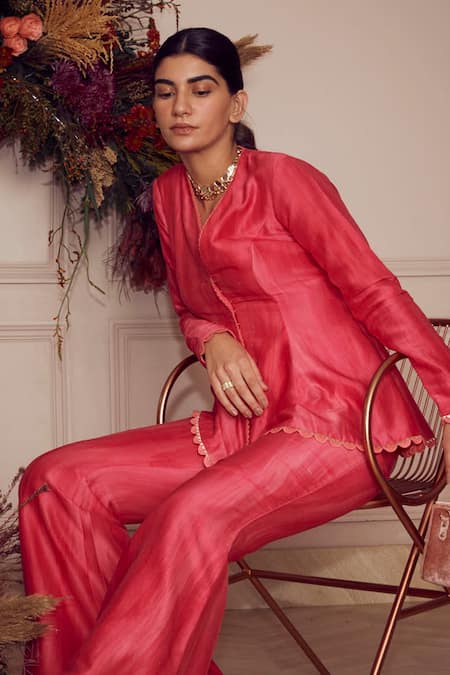 Ridhi Mehra_Pink Chanderi Gota Patti V Neck Leelah Peplum Top And Pant Set _at_Aza_Fashions