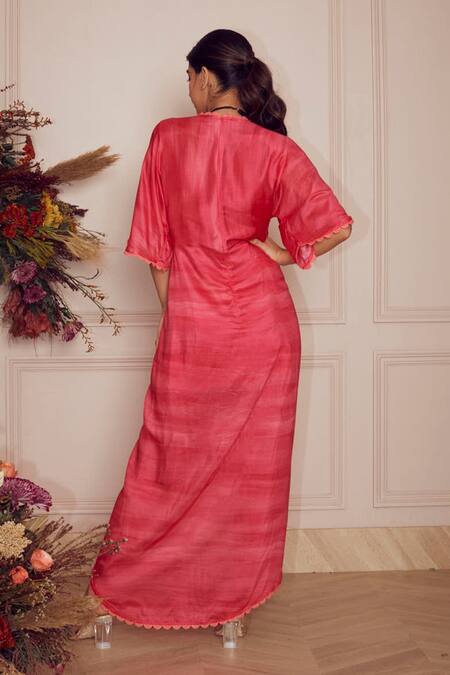Shop_Ridhi Mehra_Pink Kaftan Silk And Inner Mulmul V Neck Sheridan  _at_Aza_Fashions