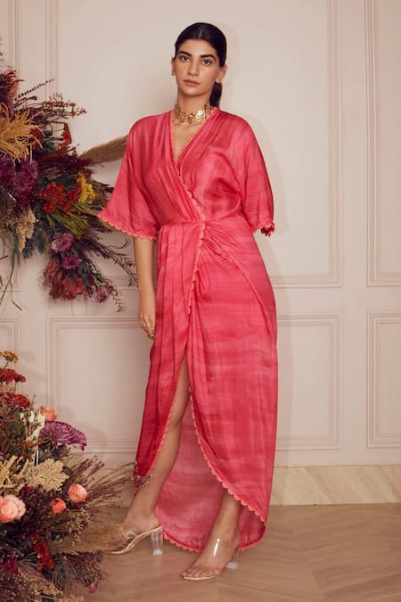 Buy_Ridhi Mehra_Pink Kaftan Silk And Inner Mulmul V Neck Sheridan  _Online_at_Aza_Fashions