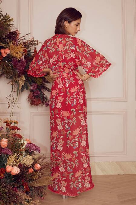 Shop_Ridhi Mehra_Pink Kaftan Georgette And Inner Mulmul Floral V Neck Lyza  _at_Aza_Fashions