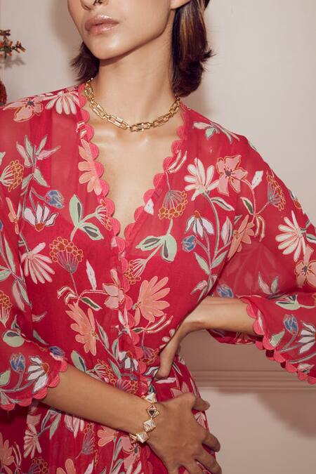 Ridhi Mehra_Pink Kaftan Georgette And Inner Mulmul Floral V Neck Lyza  _at_Aza_Fashions
