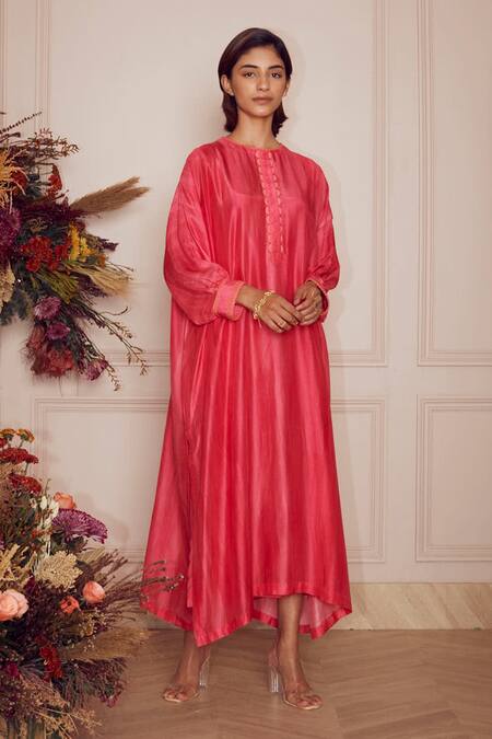 Ridhi Mehra_Pink Kaftan Fine Silk And Inner Mulmul Round Aubre _Online_at_Aza_Fashions