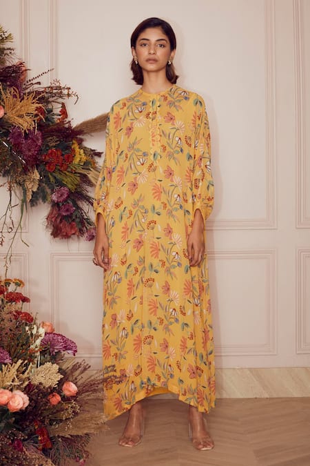 Ridhi Mehra_Yellow Kaftan Georgette And Inner Mulmul Floral Print Round Eira _Online_at_Aza_Fashions