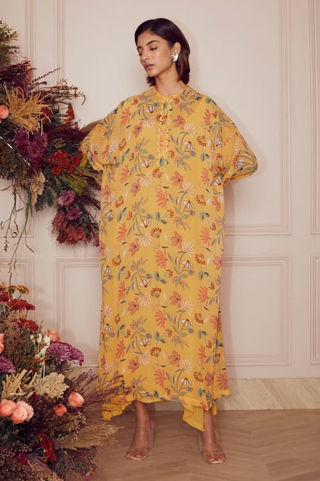 Buy_Ridhi Mehra_Yellow Kaftan Georgette And Inner Mulmul Floral Print Round Eira _Online_at_Aza_Fashions