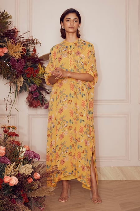Shop_Ridhi Mehra_Yellow Kaftan Georgette And Inner Mulmul Floral Print Round Eira _Online_at_Aza_Fashions