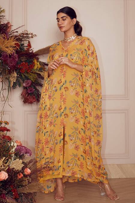 Buy Ridhi Mehra Yellow Kaftan Georgette And Inner Mulmul Floral Print V Neck Mikah Online at Aza Fashions Buy_Ridhi Mehra_Yellow Kaftan Georgette And Inner Mulmul Floral Print V Neck Mikah _Online_at_Aza_Fashions