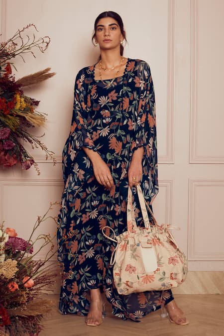 Buy_Ridhi Mehra_Blue Kaftan Georgette And Inner Mulmul Floral Print Square Neck Corrie _Online_at_Aza_Fashions