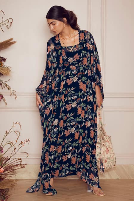 Ridhi Mehra_Blue Kaftan Georgette And Inner Mulmul Floral Print Square Neck Corrie _Online_at_Aza_Fashions
