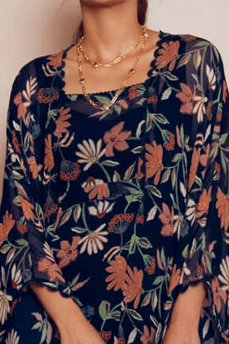 Ridhi Mehra_Blue Kaftan Georgette And Inner Mulmul Floral Print Square Neck Corrie _at_Aza_Fashions