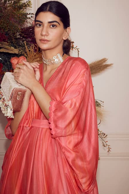 Ridhi Mehra Peach Kaftan Fine Silk And Inner Mulmul V Neck Zayah at Aza Fashions Ridhi Mehra_Peach Kaftan Fine Silk And Inner Mulmul V Neck Zayah _at_Aza_Fashions