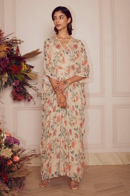Ridhi Mehra_Beige Kaftan Georgette And Inner Mulmul Floral Print V Neck Kahlia _Online_at_Aza_Fashions