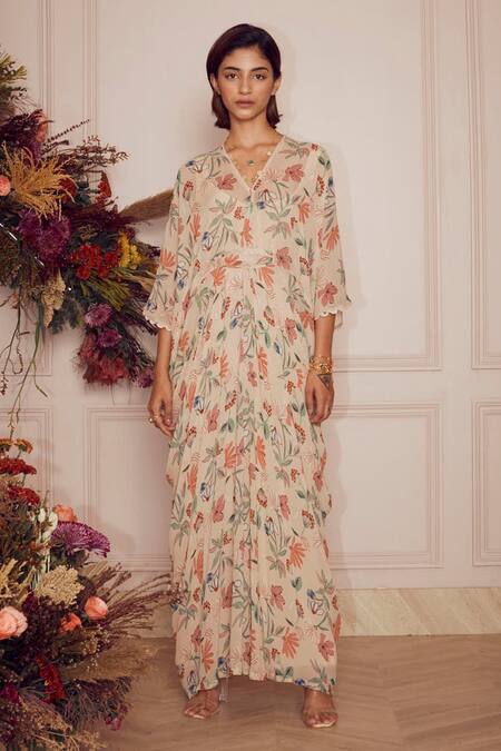 Buy_Ridhi Mehra_Beige Kaftan Georgette And Inner Mulmul Floral Print V Neck Kahlia _Online_at_Aza_Fashions