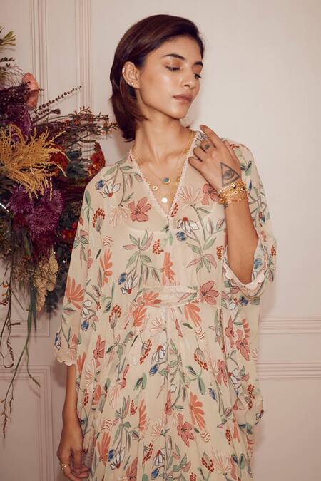 Shop_Ridhi Mehra_Beige Kaftan Georgette And Inner Mulmul Floral Print V Neck Kahlia _Online_at_Aza_Fashions