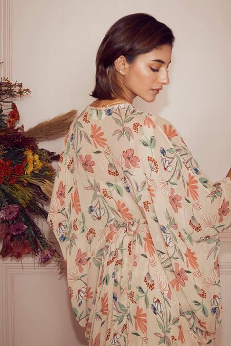 Ridhi Mehra_Beige Kaftan Georgette And Inner Mulmul Floral Print V Neck Kahlia _at_Aza_Fashions