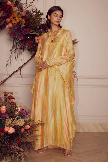 Ridhi Mehra Yellow Kaftan Fine Silk And Inner Mulmul V Neck Evyn Online at Aza Fashions Ridhi Mehra_Yellow Kaftan Fine Silk And Inner Mulmul V Neck Evyn _Online_at_Aza_Fashions