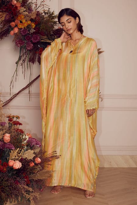Buy Ridhi Mehra Yellow Kaftan Fine Silk And Inner Mulmul V Neck Evyn Online at Aza Fashions Buy_Ridhi Mehra_Yellow Kaftan Fine Silk And Inner Mulmul V Neck Evyn _Online_at_Aza_Fashions