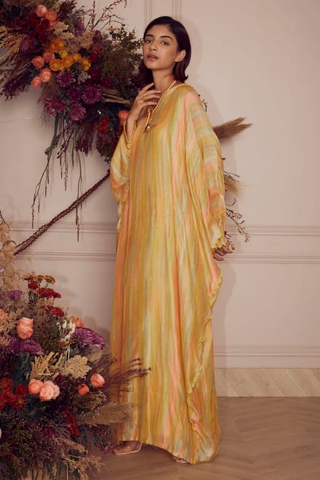 Shop Ridhi Mehra Yellow Kaftan Fine Silk And Inner Mulmul V Neck Evyn Online at Aza Fashions Shop_Ridhi Mehra_Yellow Kaftan Fine Silk And Inner Mulmul V Neck Evyn _Online_at_Aza_Fashions