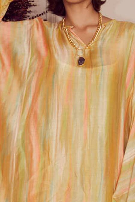 Ridhi Mehra Yellow Kaftan Fine Silk And Inner Mulmul V Neck Evyn at Aza Fashions Ridhi Mehra_Yellow Kaftan Fine Silk And Inner Mulmul V Neck Evyn _at_Aza_Fashions