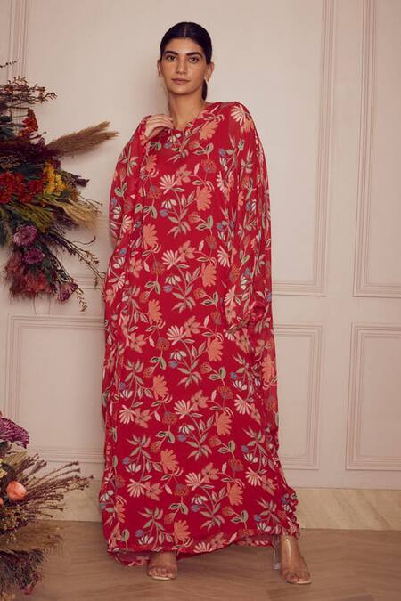 Ridhi Mehra_Pink Kaftan Georgette And Inner Mulmul Floral Print V Neck Devora _Online_at_Aza_Fashions