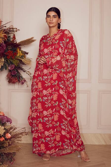 Buy_Ridhi Mehra_Pink Kaftan Georgette And Inner Mulmul Floral Print V Neck Devora _Online_at_Aza_Fashions