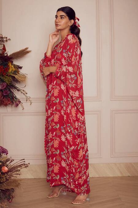 Shop_Ridhi Mehra_Pink Kaftan Georgette And Inner Mulmul Floral Print V Neck Devora _Online_at_Aza_Fashions