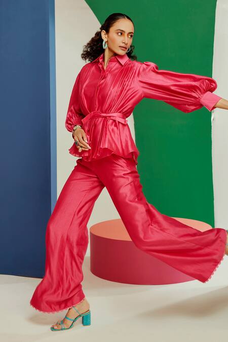 Ridhi Mehra_Fuchsia Chanderi Spread Collar Jemma Shirt And Flared Pant Set _Online_at_Aza_Fashions