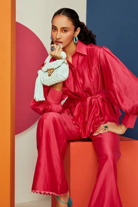 Buy_Ridhi Mehra_Fuchsia Chanderi Spread Collar Jemma Shirt And Flared Pant Set _Online_at_Aza_Fashions