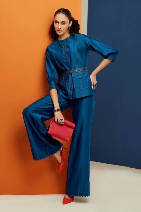 Ridhi Mehra_Blue Chanderi Round Jemma Shirt And Flared Pant Set _Online_at_Aza_Fashions
