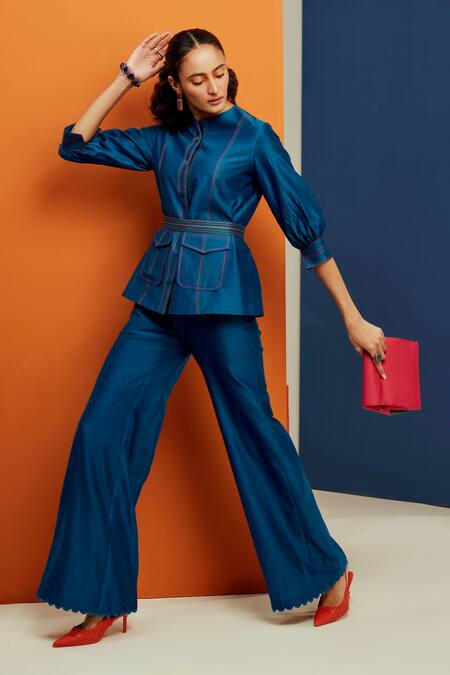 Buy_Ridhi Mehra_Blue Chanderi Round Jemma Shirt And Flared Pant Set _Online_at_Aza_Fashions