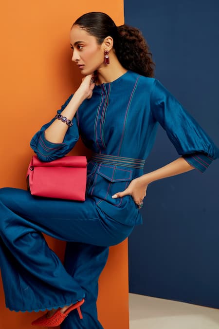 Shop_Ridhi Mehra_Blue Chanderi Round Jemma Shirt And Flared Pant Set _Online_at_Aza_Fashions