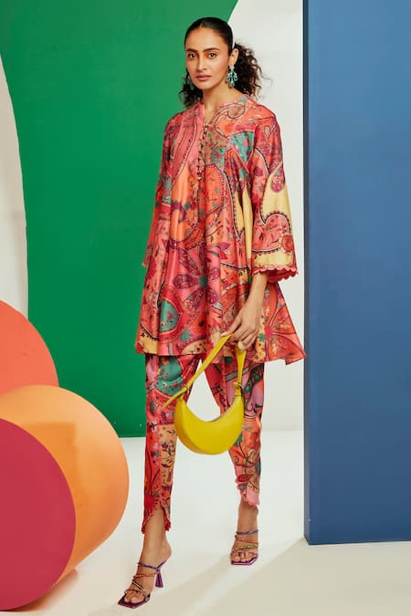 Shop_Ridhi Mehra_Multi Color Chanderi Printed Paisley And Phyliss Kurta With Tulip Pant  _at_Aza_Fashions