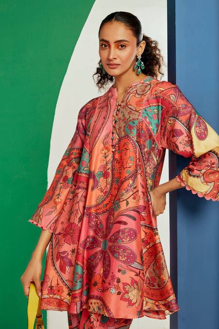 Shop_Ridhi Mehra_Multi Color Chanderi Printed Paisley And Phyliss Kurta With Tulip Pant  _Online_at_Aza_Fashions