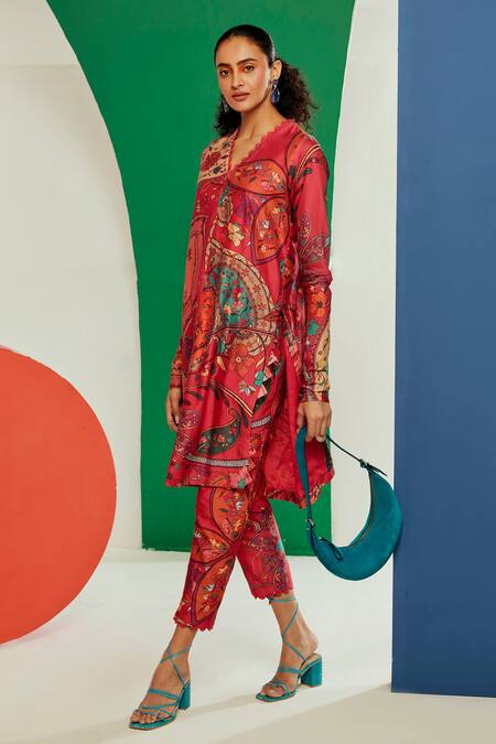 Buy_Ridhi Mehra_Fuchsia Chanderi Printed Paisley And Floral Emery Kurta & Pant Set  _Online_at_Aza_Fashions