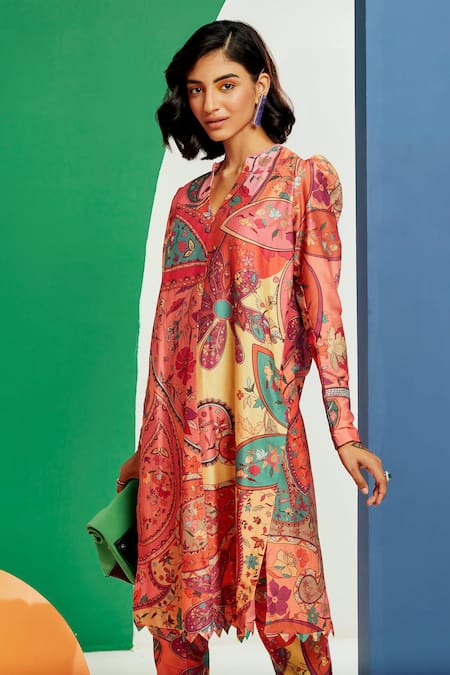 Ridhi Mehra Multi Color Chanderi Printed Paisley And Floral Wren Kurta & Pant Set Online at Aza Fashions Ridhi Mehra_Multi Color Chanderi Printed Paisley And Floral Wren Kurta & Pant Set _Online_at_Aza_Fashions