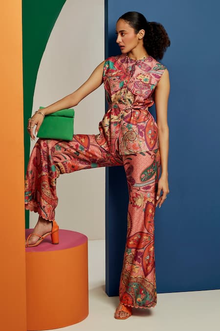 Ridhi Mehra_Multi Color Chanderi Paisley And Floral Effie Printed Shirt & Flared Pant Set _Online_at_Aza_Fashions