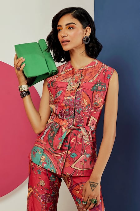 Shop_Ridhi Mehra_Fuchsia Chanderi Paisley And Floral Motifs Reyna Printed Shirt & Flared Pant Set _at_Aza_Fashions