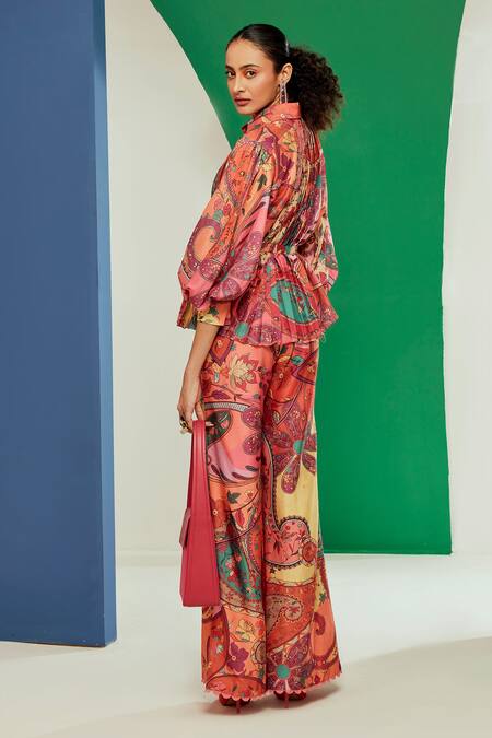 Shop Ridhi Mehra Multi Color Chanderi Paisley And Floral Motifs Micah Printed Shirt & Pant Set Online at Aza Fashions Shop_Ridhi Mehra_Multi Color Chanderi Paisley And Floral Motifs Micah Printed Shirt & Pant Set _Online_at_Aza_Fashions