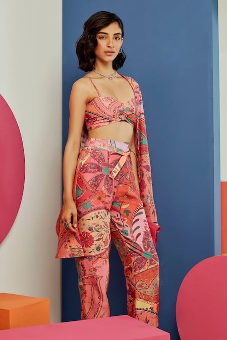 Buy_Ridhi Mehra_Multi Color Chanderi Paisley And Floral Motifs Emery Printed Pant Set With Cape _Online_at_Aza_Fashions