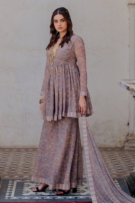 Buy_Nikita Vishakha_Grey Georgette, Dupatta Net Persian Pattern V Printed Peplum Kurta Sharara Set_Online_at_Aza_Fashions