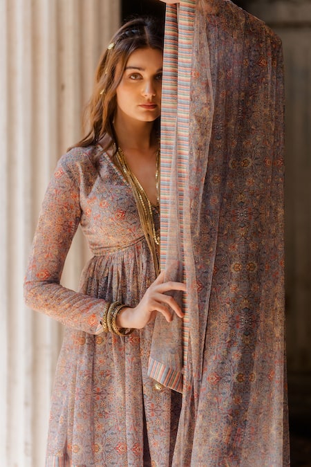 Shop_Nikita Vishakha_Grey Georgette, Dupatta Net Persian Pattern V Printed Peplum Kurta Sharara Set_Online_at_Aza_Fashions