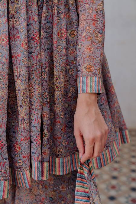 Nikita Vishakha_Grey Georgette, Dupatta Net Persian Pattern V Printed Peplum Kurta Sharara Set_at_Aza_Fashions