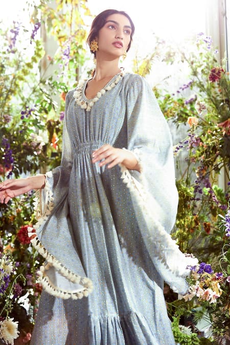 Buy_Ridhi Mehra_Blue Chanderi V Neck Printed Kaftan Dress _Online_at_Aza_Fashions