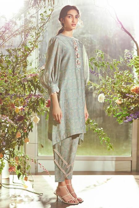 Ridhi Mehra_Blue Chanderi Round Kurta And Pant Set  _Online_at_Aza_Fashions