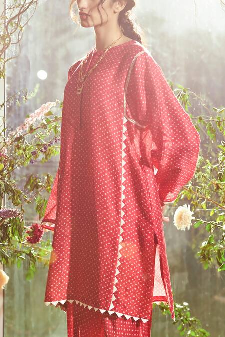 Buy_Ridhi Mehra_Red Chanderi Round Kurta And Pant Set  _Online_at_Aza_Fashions