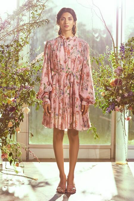 Ridhi Mehra_Pink Georgette Round Floral Print Dress _Online_at_Aza_Fashions