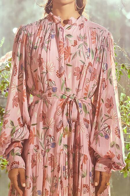 Buy_Ridhi Mehra_Pink Georgette Round Floral Print Dress _Online_at_Aza_Fashions