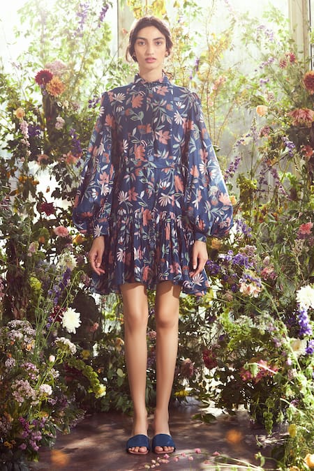 Ridhi Mehra_Blue Chanderi Shirt Collar Floral Print Dress _Online_at_Aza_Fashions